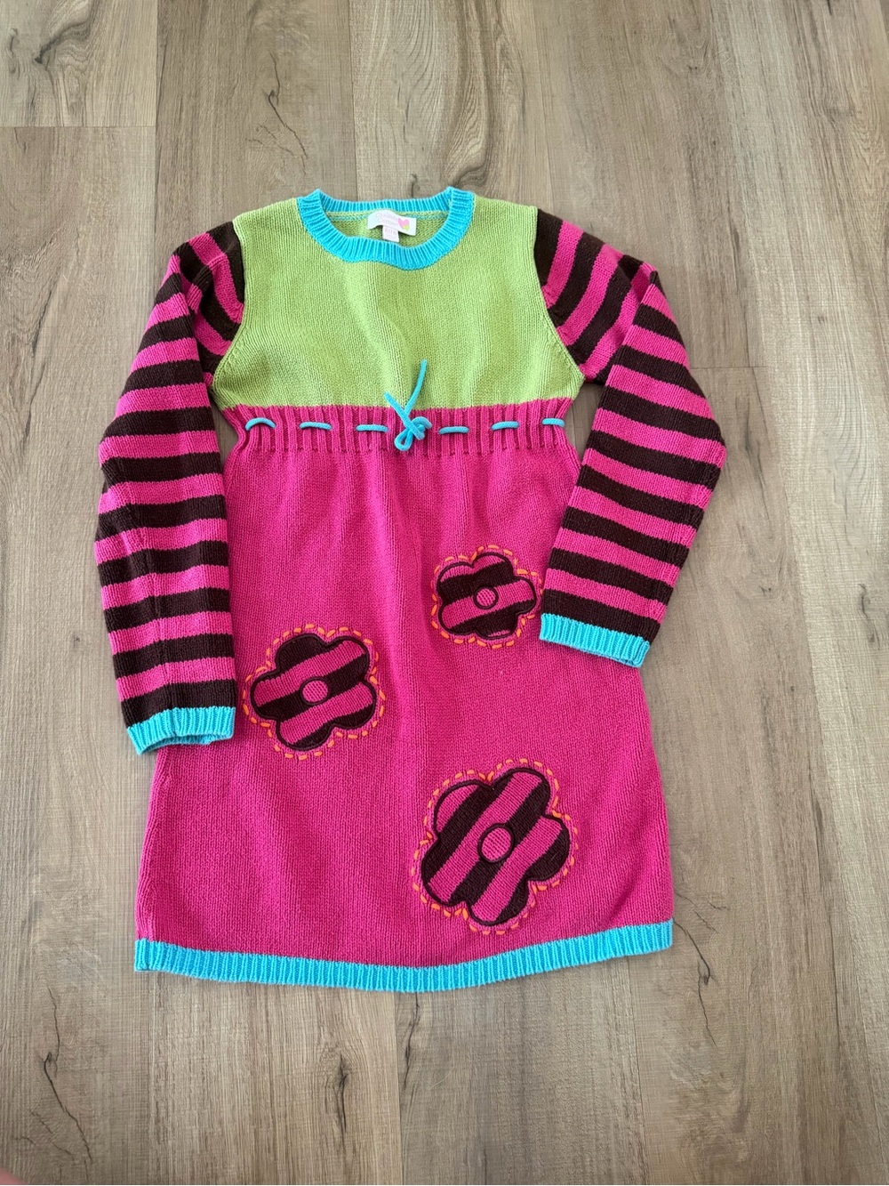 Chelsea’s Corner Y2K Bright Pink & Lime Knit Flower Dress with Striped Sleeves